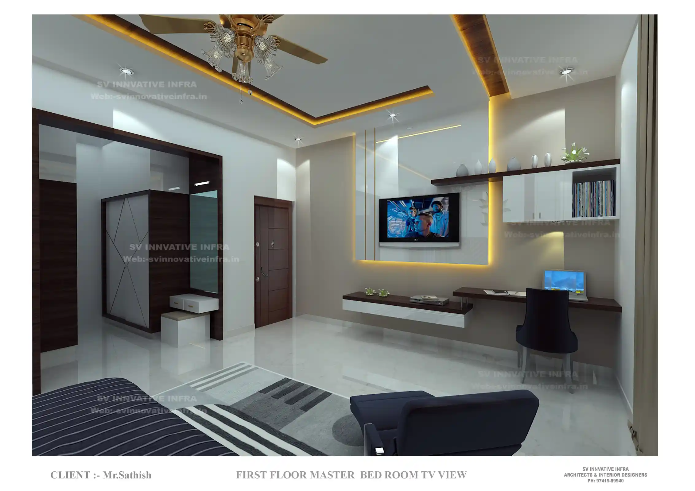 Master bedroom suite interior design with velvet headboard and warm ambient lighting - View 2